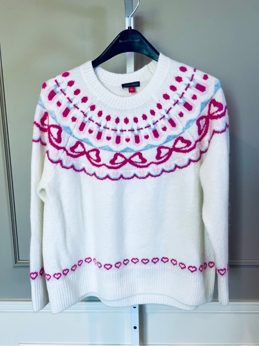 Vince Camuto Large Fair Isle Sweater Cream Pink Bows Cottagecore Hearts